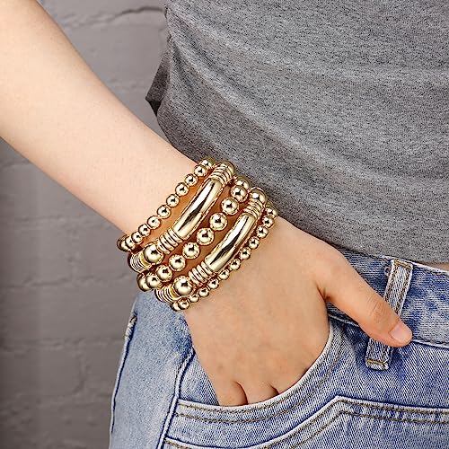Badu Gold Bangles Bracelet for Women Chunky Curved Stacking Plated Bead Ball Stretchable Bracelets - Image 4
