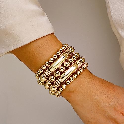 Badu Gold Bangles Bracelet for Women Chunky Curved Stacking Plated Bead Ball Stretchable Bracelets - Image 5