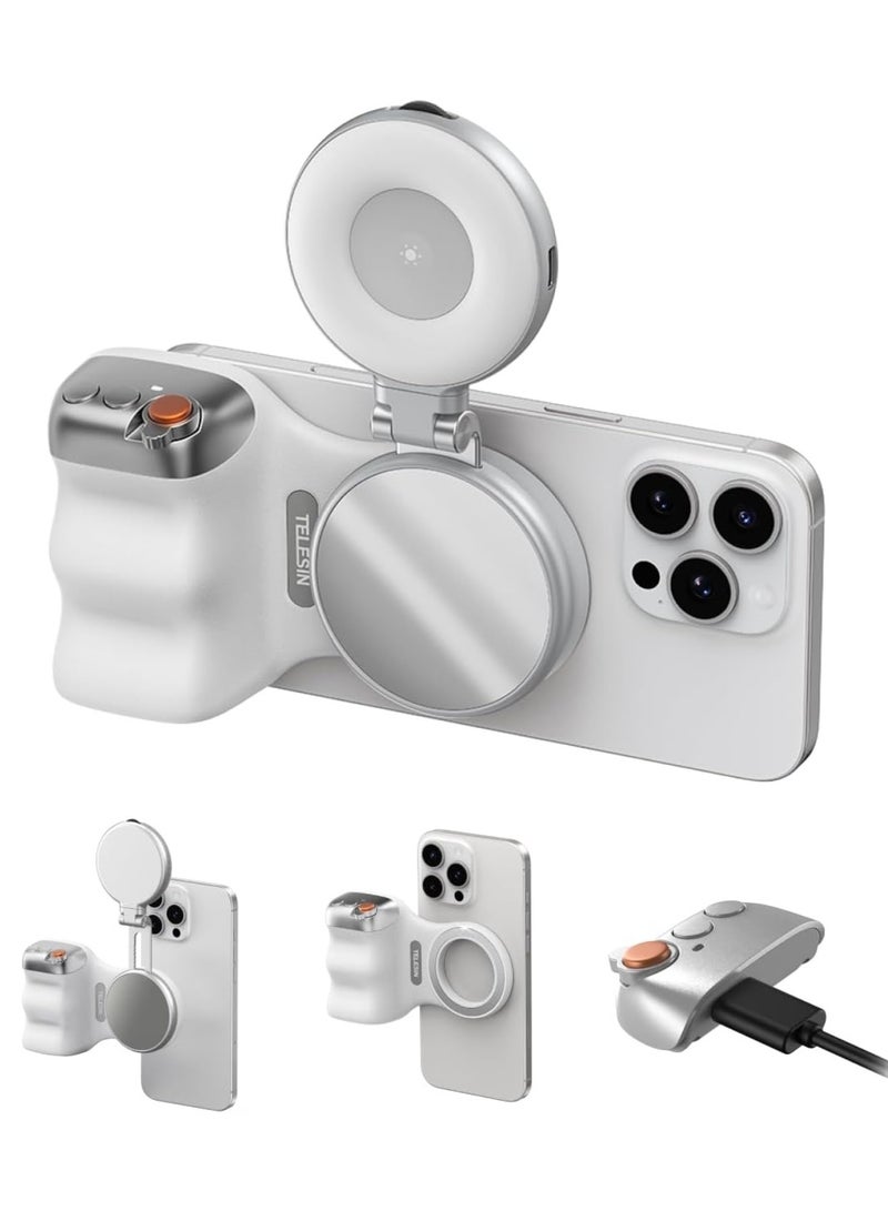 TELESIN Fun Shot Magnetic Phone Camera Grip + Magnetic Selfie Light (Silver) Bundle Kit Compatible with iPhone Magsafe & Android, Creator Kit for Selfies/Photography/TikTok/Zoom Calls/Video - Image 1