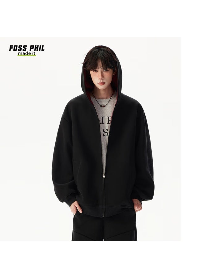 Foss Phil Men's Autumn Winter American Style Hoodie Double Zipper Colorblock Couple Zip-up Jacket 5q1083 Black XL - Image 2