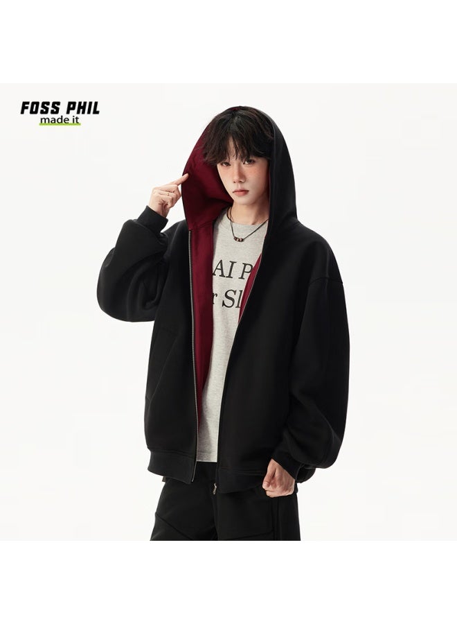 Foss Phil Men's Autumn Winter American Style Hoodie Double Zipper Colorblock Couple Zip-up Jacket 5q1083 Black XL - Image 3