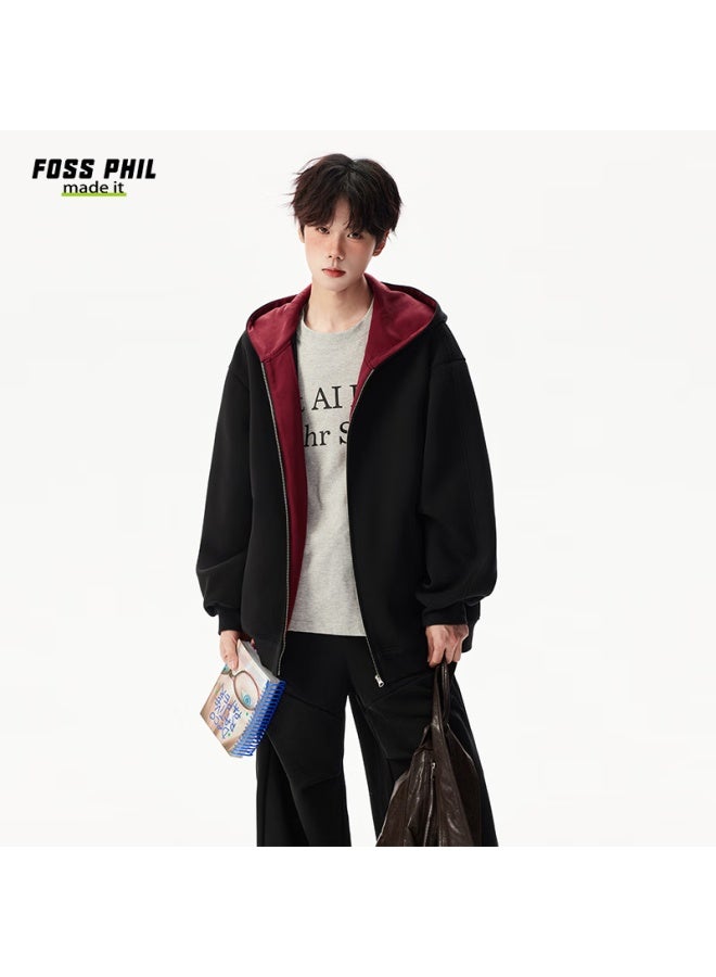 Foss Phil Men's Autumn Winter American Style Hoodie Double Zipper Colorblock Couple Zip-up Jacket 5q1083 Black XL - Image 4