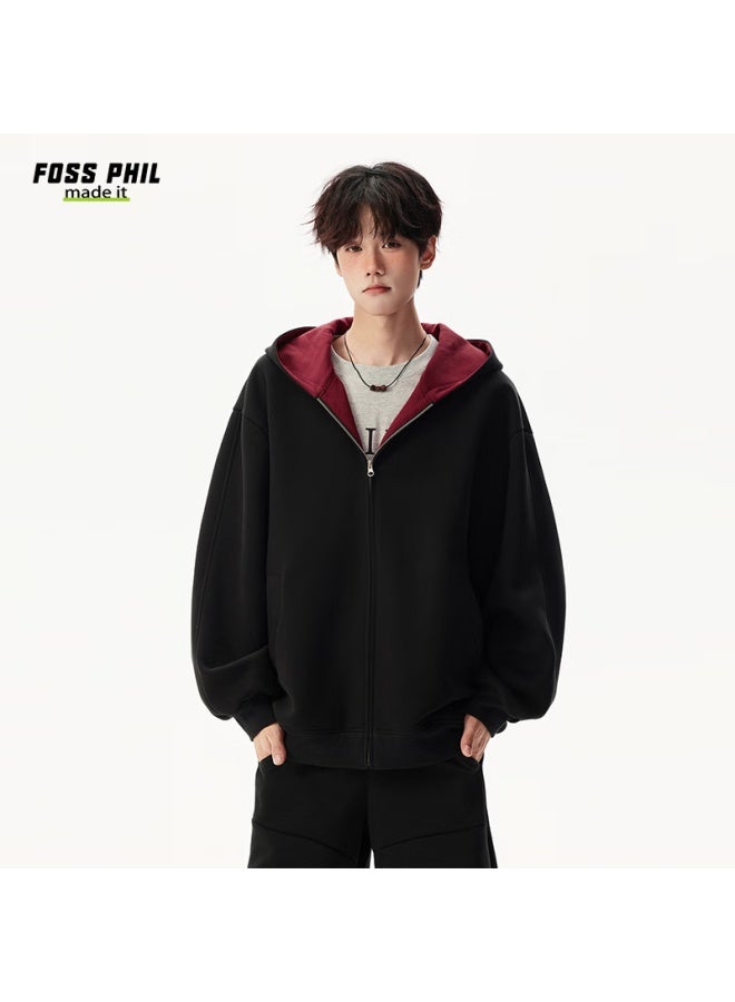 Foss Phil Men's Autumn Winter American Style Hoodie Double Zipper Colorblock Couple Zip-up Jacket 5q1083 Black XL - Image 1