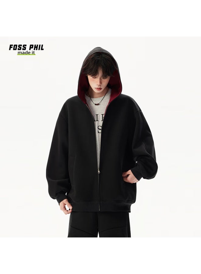 Foss Phil Men's Autumn Winter American Style Hoodie Double Zipper Colorblock Couple Zip-up Jacket 5q1083 Black XL - Image 5