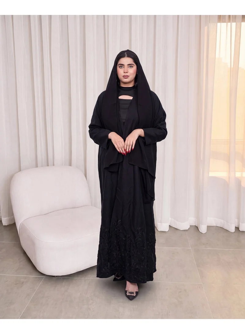 Fashion Line Elegant Black Abaya with Bottom Border Flower Embroidery for Women