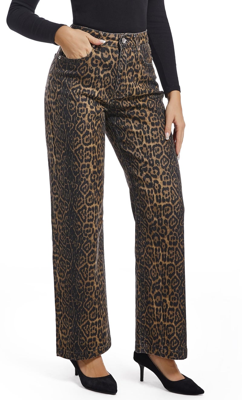 ETTELO Women's Jeans Straight Leg Casual High Waisted Stretch Trendy Leopard Pull On Jeans for Women - Image 2