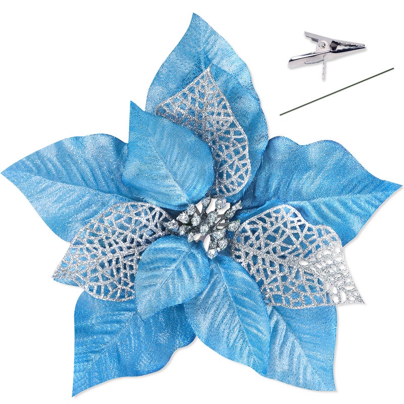 Geefuun 15PCS Christmas Tree Decorations Poinsettias Artificial Flowers Ornaments: Large Size 8.7?Xmas Glitter Flower with Clips Plus Stems(Wathet)