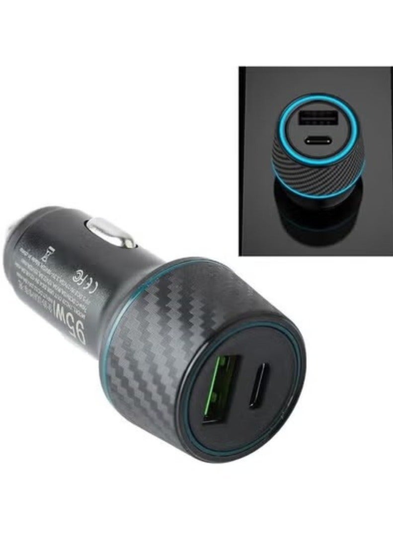شاحن سيارة ثنائي المنفذ USB فائق السرعة 95W - تقنية PD، تصميم فاخر بألياف الكربون، شحن متزامن لجميع الأجهزة. - Image 1