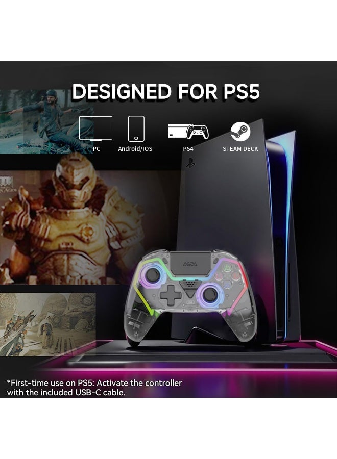 وحدة تحكم لاسلكية ASRVA لأجهزة PS5/PS5 Pro/PC، مزودة بعصا تحكم ومحفزات تعمل بتقنية تأثير هول (بدون انحراف)، زرين خلفيين، إضاءة RGB، تصميم شفاف، وضعان، متوافقة مع iOS/Android - Image 2