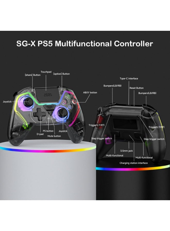 وحدة تحكم لاسلكية ASRVA لأجهزة PS5/PS5 Pro/PC، مزودة بعصا تحكم ومحفزات تعمل بتقنية تأثير هول (بدون انحراف)، زرين خلفيين، إضاءة RGB، تصميم شفاف، وضعان، متوافقة مع iOS/Android - Image 3
