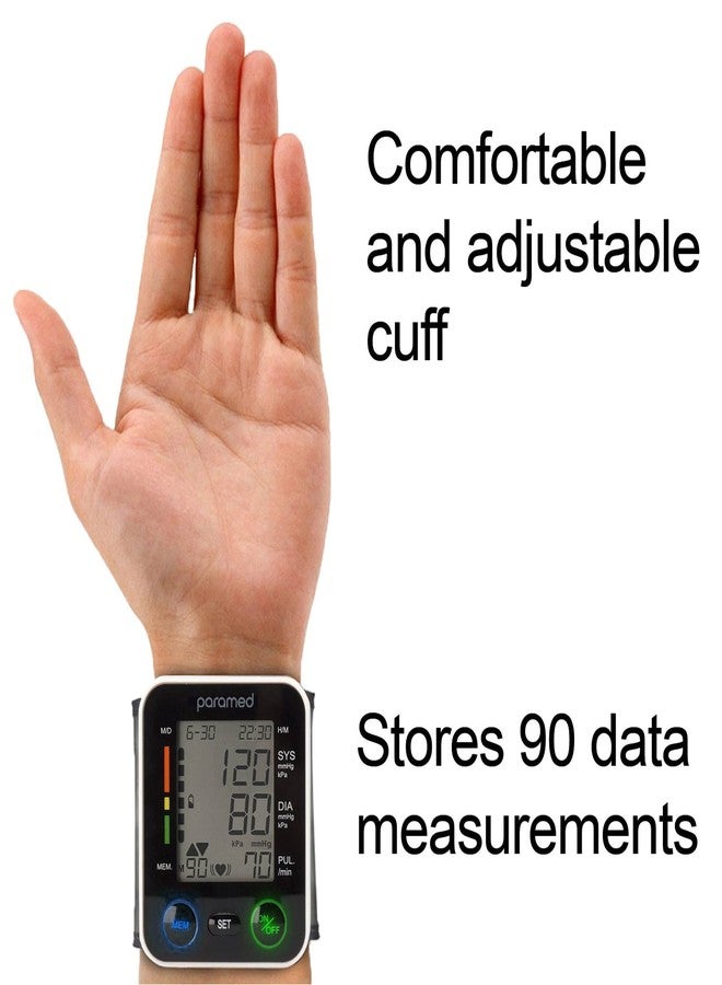 PARAMED Automatic Wrist Blood Pressure Monitor: Blood-Pressure Kit of Bp Cuff + 2AAA and Carrying case - Irregular Heartbeat Detector & 90 Readings Memory Function & Large Display - Image 2