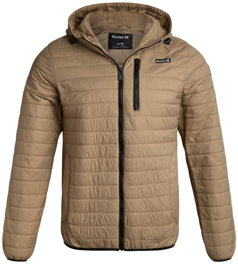 Hurley Mens Puffer Jacket - Lightweight Packable Insulated Winter Coat for Men - Weather Resistant Quilted Outdoor Jacket, Size Medium, Khaki Brown - Image 1