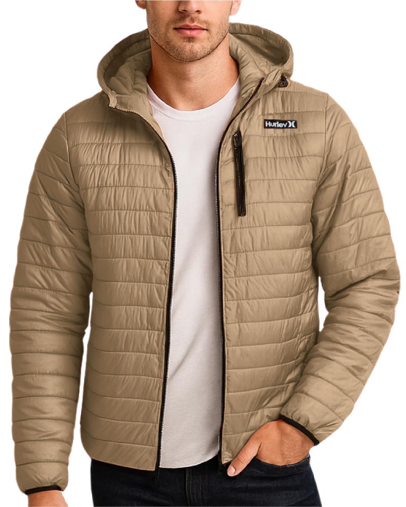 Hurley Mens Puffer Jacket - Lightweight Packable Insulated Winter Coat for Men - Weather Resistant Quilted Outdoor Jacket, Size Medium, Khaki Brown - Image 2