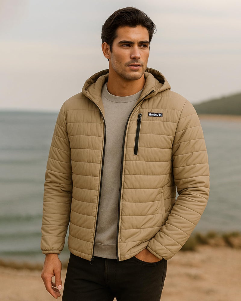 Hurley Mens Puffer Jacket - Lightweight Packable Insulated Winter Coat for Men - Weather Resistant Quilted Outdoor Jacket, Size Medium, Khaki Brown - Image 3
