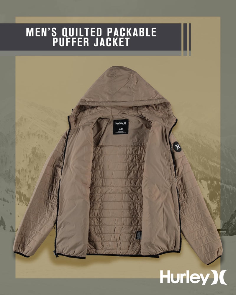 Hurley Mens Puffer Jacket - Lightweight Packable Insulated Winter Coat for Men - Weather Resistant Quilted Outdoor Jacket, Size Medium, Khaki Brown - Image 4