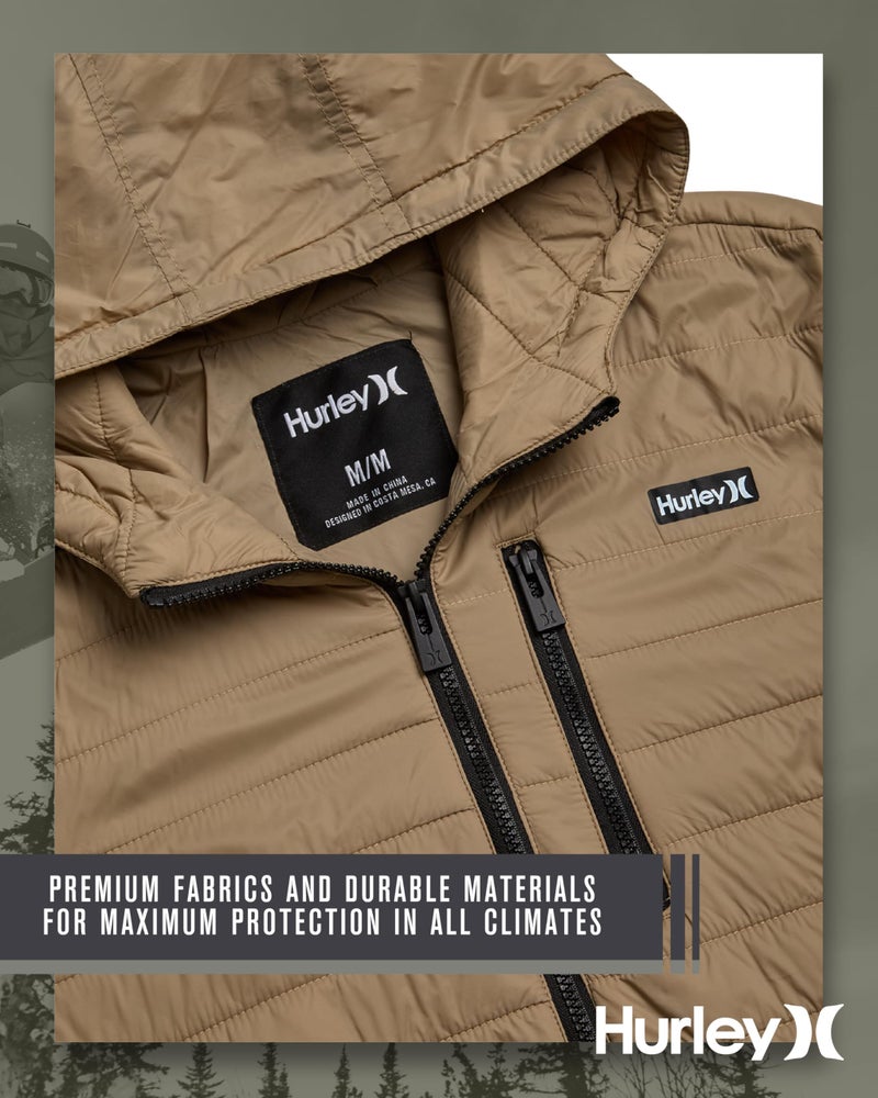 Hurley Mens Puffer Jacket - Lightweight Packable Insulated Winter Coat for Men - Weather Resistant Quilted Outdoor Jacket, Size Medium, Khaki Brown - Image 5