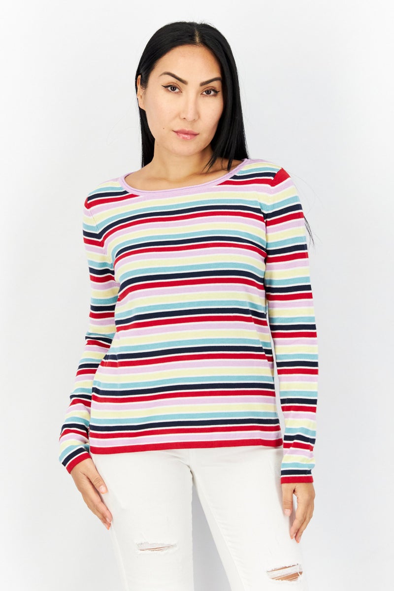 ESPRIT Women Round Neck Stripe Sweater, Red - Image 1