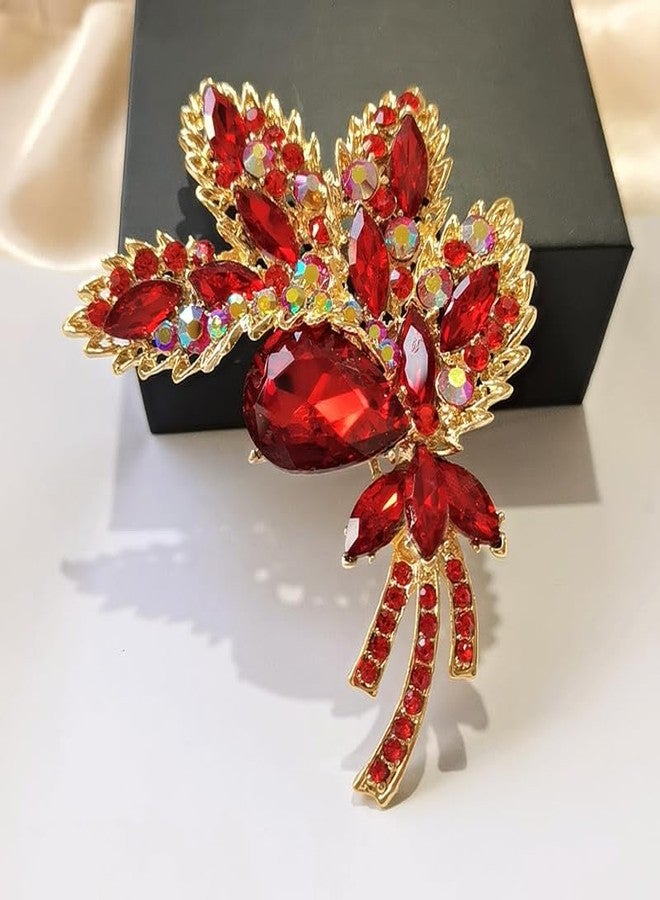 Axmerdal Crystal Rhinestone Flower Bouquet Brooch Pin, Gold Tone, Large (red) - Image 2