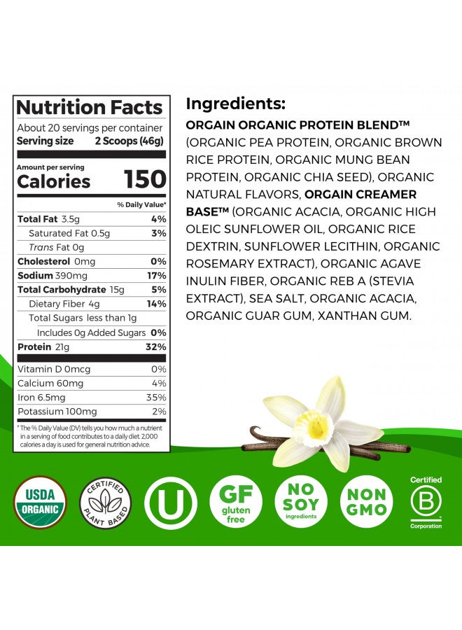Orgain Orgain Organic Vegan Protein Powder, Vanilla Bean - 21g of Plant Based Protein, Low Net Carbs, Gluten Free, Lactose Free, No Sugar Added, Soy Free, Kosher, Non-GMO, 2.03 Lb - Image 3