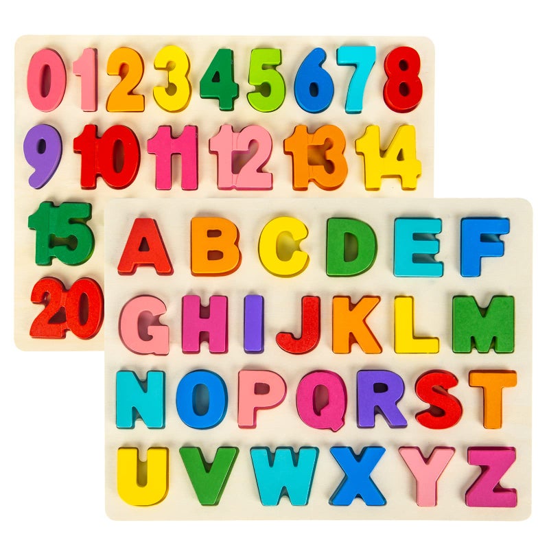 Attmu Wooden Puzzles for Toddlers, Alphabet Puzzle and Number Puzzle, 2 in 1 Preschool Educational Learning Toys with Chunky Wood ABC Puzzle Board, for Girls Boys Kindergarten Set of 2 - Image 1