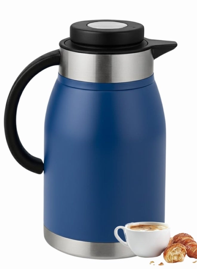 هابي هوم ابريق قهوة حراري من الستانلس ستيل، ابريق موزع للشاي والقهوة سعة 2 لتر، ابريق شاي معزول بتفريغ الهواء بجدار مزدوج للحفاظ على مشروبك ساخنا (أزرق/فضى) - Image 1