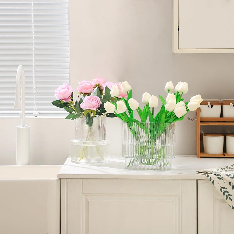 Yanwe1 Ribbed Vase Fluted Vase Glass Vase For Flowers Flower Vase Clear Vase Modern Vase Tulip Vase For Living Room Dining Table Office Bedroom Mantle Shelf Wedding 7 Inch - Image 3