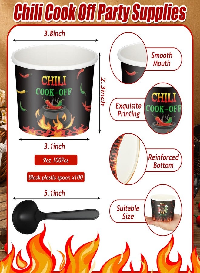 Reallnaive 200 Pack Chili Cook off Party Decorations 9oz Disposable Sample Cook off Tasting Paper Cups and Plastic Spoon for Chili Contest Party Supplies (Black) - Image 3