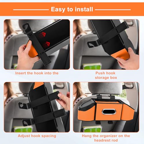 Hiitytin 7-In-1 Car Seat Back Organizer with Cup Holders, Tissue Box, Garbage Can&Hooks, Multifunctional Headrest Storage Organizer, Headrest Cup Holder for Backseat, Car Accessories for Trips, Travels(Orange) - Image 4