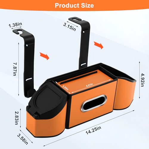 Hiitytin 7-In-1 Car Seat Back Organizer with Cup Holders, Tissue Box, Garbage Can&Hooks, Multifunctional Headrest Storage Organizer, Headrest Cup Holder for Backseat, Car Accessories for Trips, Travels(Orange) - Image 2