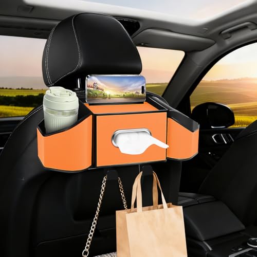 Hiitytin 7-In-1 Car Seat Back Organizer with Cup Holders, Tissue Box, Garbage Can&Hooks, Multifunctional Headrest Storage Organizer, Headrest Cup Holder for Backseat, Car Accessories for Trips, Travels(Orange) - Image 1