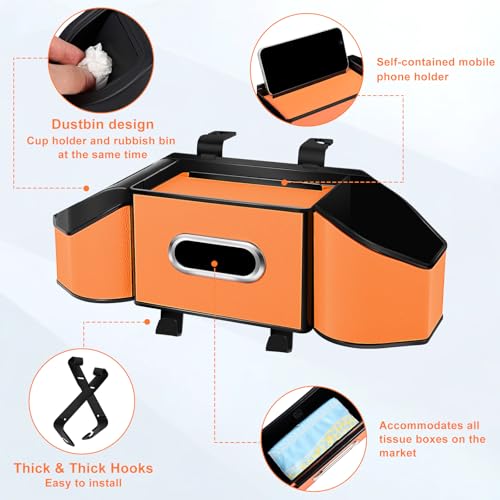 Hiitytin 7-In-1 Car Seat Back Organizer with Cup Holders, Tissue Box, Garbage Can&Hooks, Multifunctional Headrest Storage Organizer, Headrest Cup Holder for Backseat, Car Accessories for Trips, Travels(Orange) - Image 3