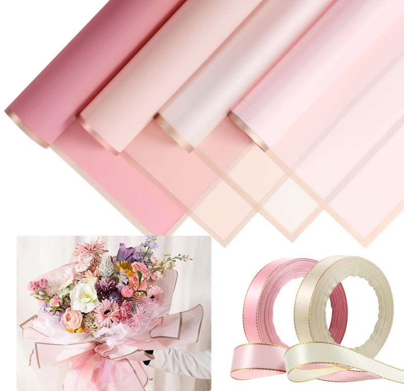 ورق تغليف زهور مقاوم للماء من تينار 36 قطعة مع شريط ساتان مزدوج الوجه بطول 50 ياردة لزينة حفلات التخرج باللون الرومانسي