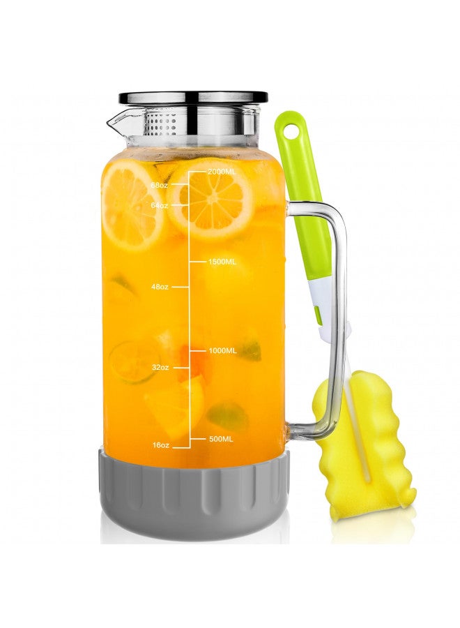 Aofmee Glass Pitcher with Lid, 68oz Water Pitcher with Silicone Base and Precise Scale Line, Ice Tea Pitcher for Fridge, Anti-Slip and Easy to Clean, Glass Jug for Sun Tea Juice Coffee Milk Beverage (Gray) - Image 1