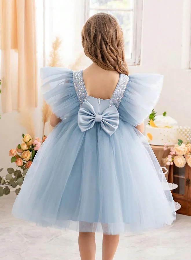 تايك تو Girls Light Blue Sequin Embellished Tulle Details A-Line Midi Dress