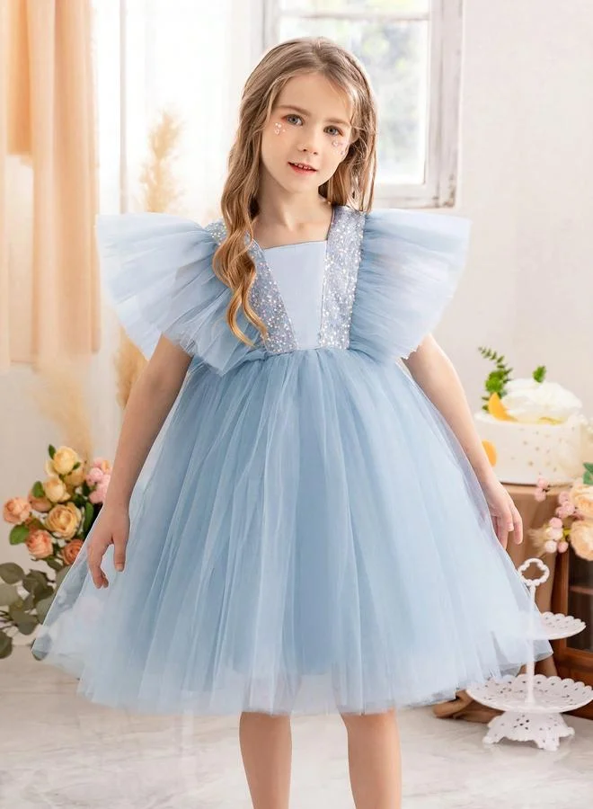تايك تو Girls Light Blue Sequin Embellished Tulle Details A-Line Midi Dress
