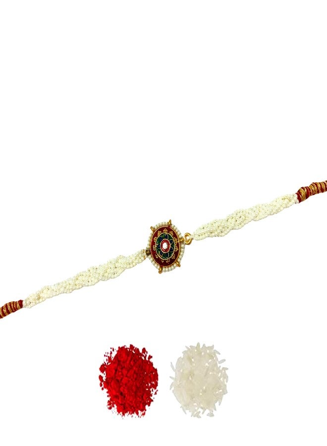 Evisha Traditinal Meenakari Pendant With Pearl Band Rakhi For Brother | Rakhi Combo-209 | rakhi || rakhi set || rakhi for brother || rakhi for brother and bhabhi || rakhi combo || bhaiya bhabhi rakhi || rakhi gifts - Image 1