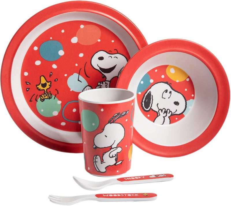 Peanuts Snoopy Fun Times 5Piece Bamboo Melamine Dinnerware Set For Kids  Red - Image 1