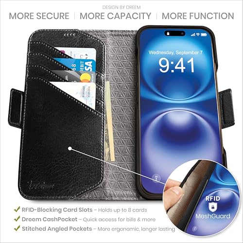 Dreem for iPhone 16 Pro Case Wallet, Revolutionary Phone Stand, Vegan Leather, MagSafe-Fit, Magnetic Detachable Flip Cover, RFID Blocking Card Holder, Gift-Box [Fibonacci:Black] - Image 2