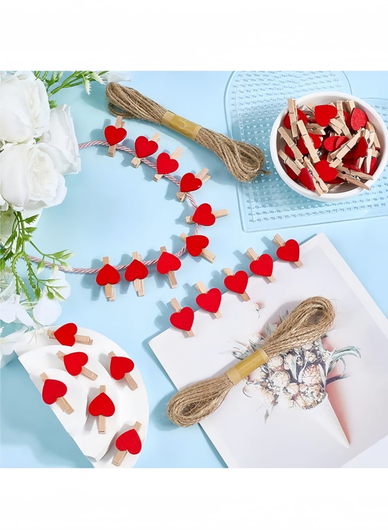50 قطعة من مشابك الصور الخشبية على شكل قلب وردي، مشابك ملابس صغيرة للصور، مع خيط 5 أمتار لتعليق الصور - Image 3