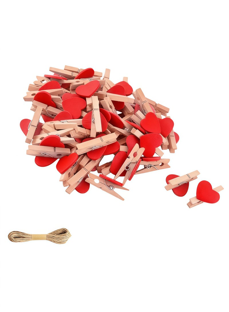 50 قطعة من مشابك الصور الخشبية على شكل قلب وردي، مشابك ملابس صغيرة للصور، مع خيط 5 أمتار لتعليق الصور - Image 1