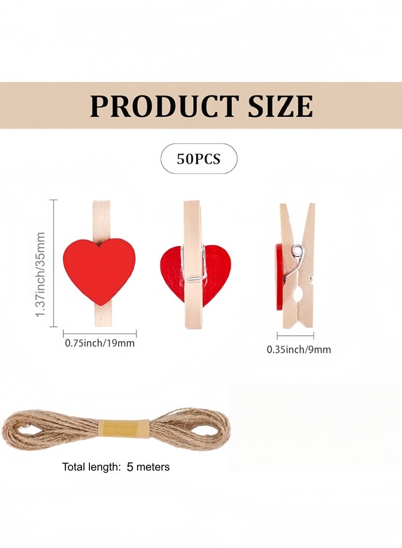 50 قطعة من مشابك الصور الخشبية على شكل قلب وردي، مشابك ملابس صغيرة للصور، مع خيط 5 أمتار لتعليق الصور - Image 2