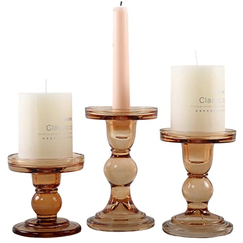 GMWD 3 Pcs Glass Candle Holder Set Clear, Amber Candlesticks Holders Pillar Taper Candles Tealight Stand for Wedding Centerpieces Home Decorations Dining Table - Image 1