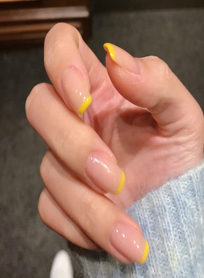 MISUD French Tip Press on Nails, Short Glossy Fake Nails Square Full Cover False Nails, Orange Yellow Glue on Squoval Nails with Designs for Women and Girls 24PCS - Image 2