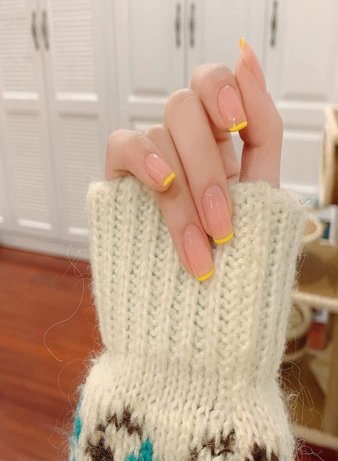 MISUD French Tip Press on Nails, Short Glossy Fake Nails Square Full Cover False Nails, Orange Yellow Glue on Squoval Nails with Designs for Women and Girls 24PCS - Image 4