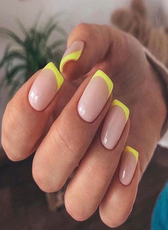 MISUD French Tip Press on Nails, Short Glossy Fake Nails Square Full Cover False Nails, Orange Yellow Glue on Squoval Nails with Designs for Women and Girls 24PCS - Image 1