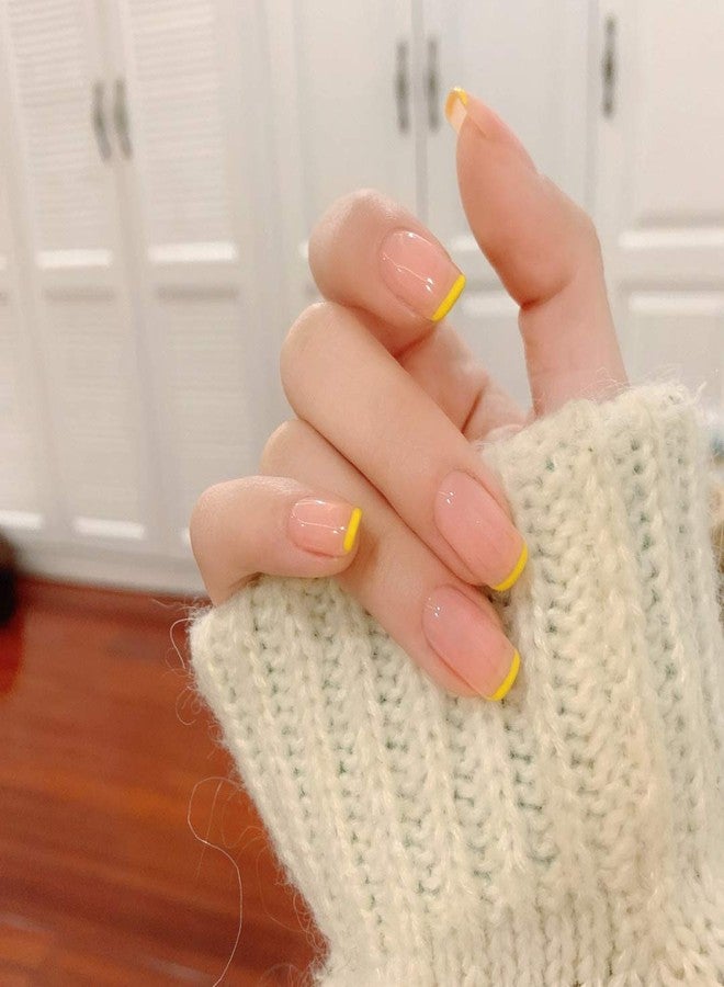 MISUD French Tip Press on Nails, Short Glossy Fake Nails Square Full Cover False Nails, Orange Yellow Glue on Squoval Nails with Designs for Women and Girls 24PCS - Image 3