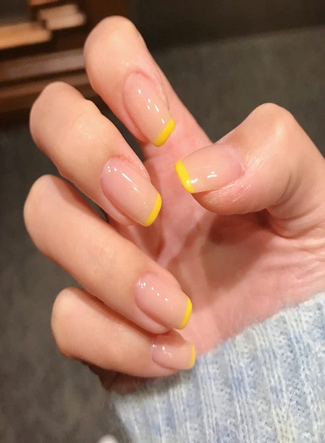 MISUD French Tip Press on Nails, Short Glossy Fake Nails Square Full Cover False Nails, Orange Yellow Glue on Squoval Nails with Designs for Women and Girls 24PCS - Image 5