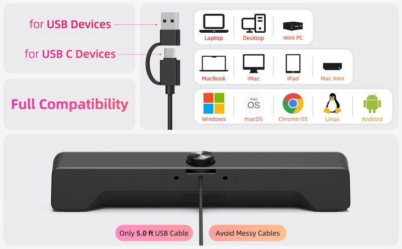 XKX Computer Speakers Soundbar for Desktop PC Mac, USB Plug-in, Wired, External Speakers for Laptop Desk Monitor, RGB Gaming Sound bar with HD Stereo Loud Sound, Punchy Bass, Volume Knob, USB C Adapter - Image 5