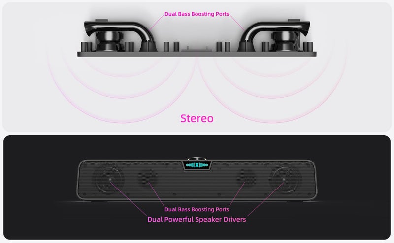 XKX Computer Speakers Soundbar for Desktop PC Mac, USB Plug-in, Wired, External Speakers for Laptop Desk Monitor, RGB Gaming Sound bar with HD Stereo Loud Sound, Punchy Bass, Volume Knob, USB C Adapter - Image 3