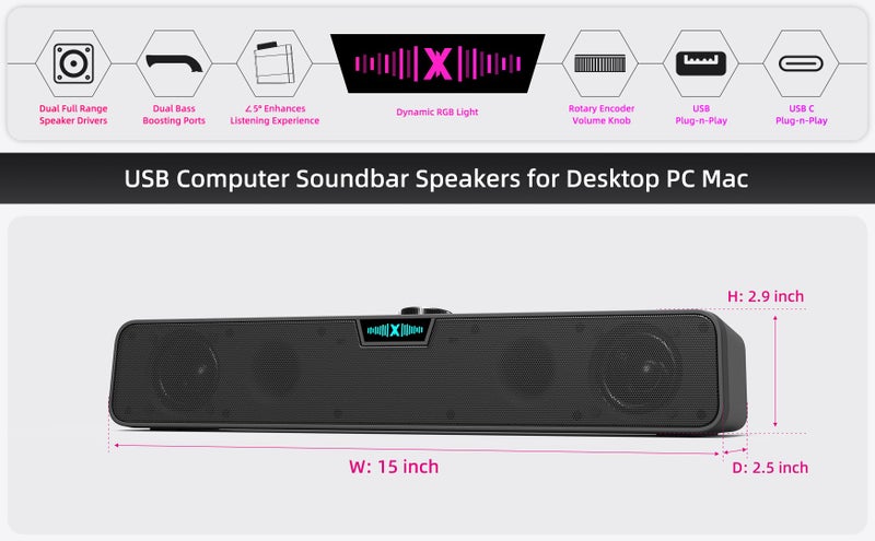 XKX Computer Speakers Soundbar for Desktop PC Mac, USB Plug-in, Wired, External Speakers for Laptop Desk Monitor, RGB Gaming Sound bar with HD Stereo Loud Sound, Punchy Bass, Volume Knob, USB C Adapter - Image 2